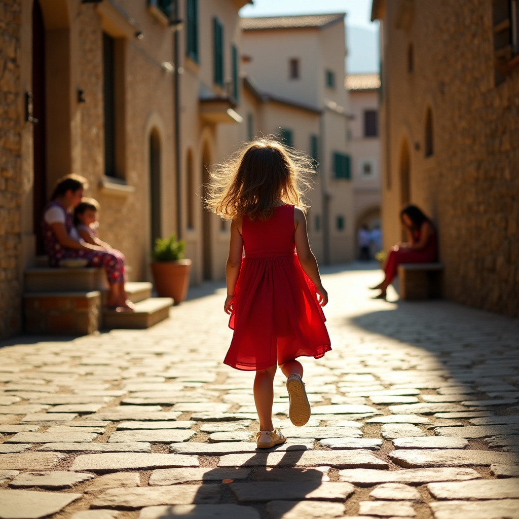Bambina che gioca in una piazza di un borgo medievale italiano soleggiato