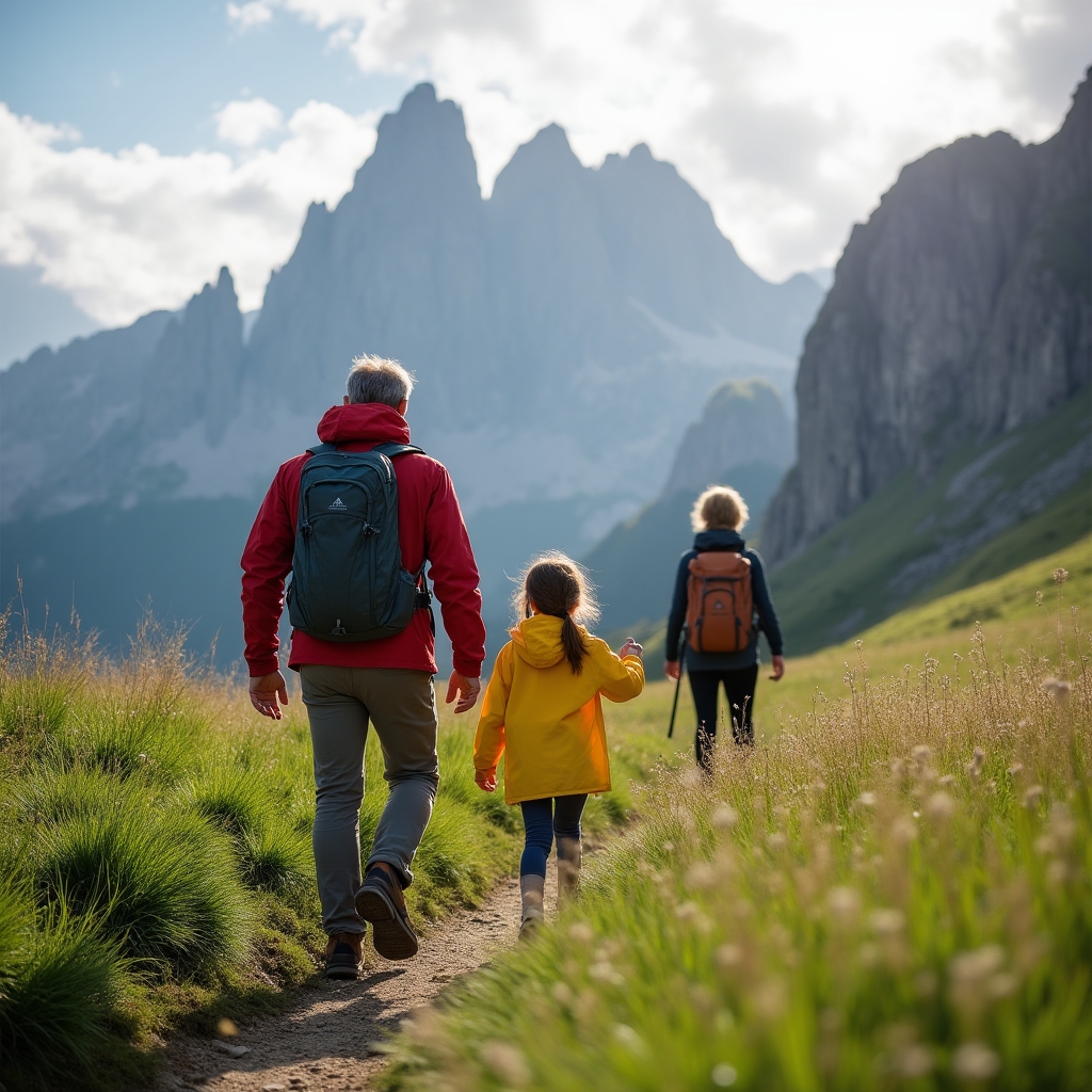 Famiglia in trekking leggero tra i prati verdi delle Dolomiti con zaini colorati