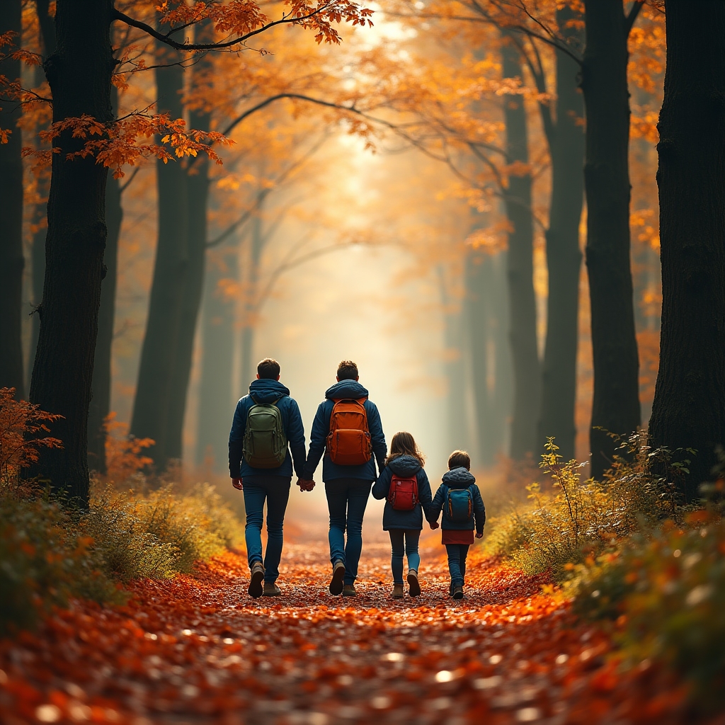 Famiglia che cammina su un sentiero boschivo nel parco nazionale dell'Appennino in autunno