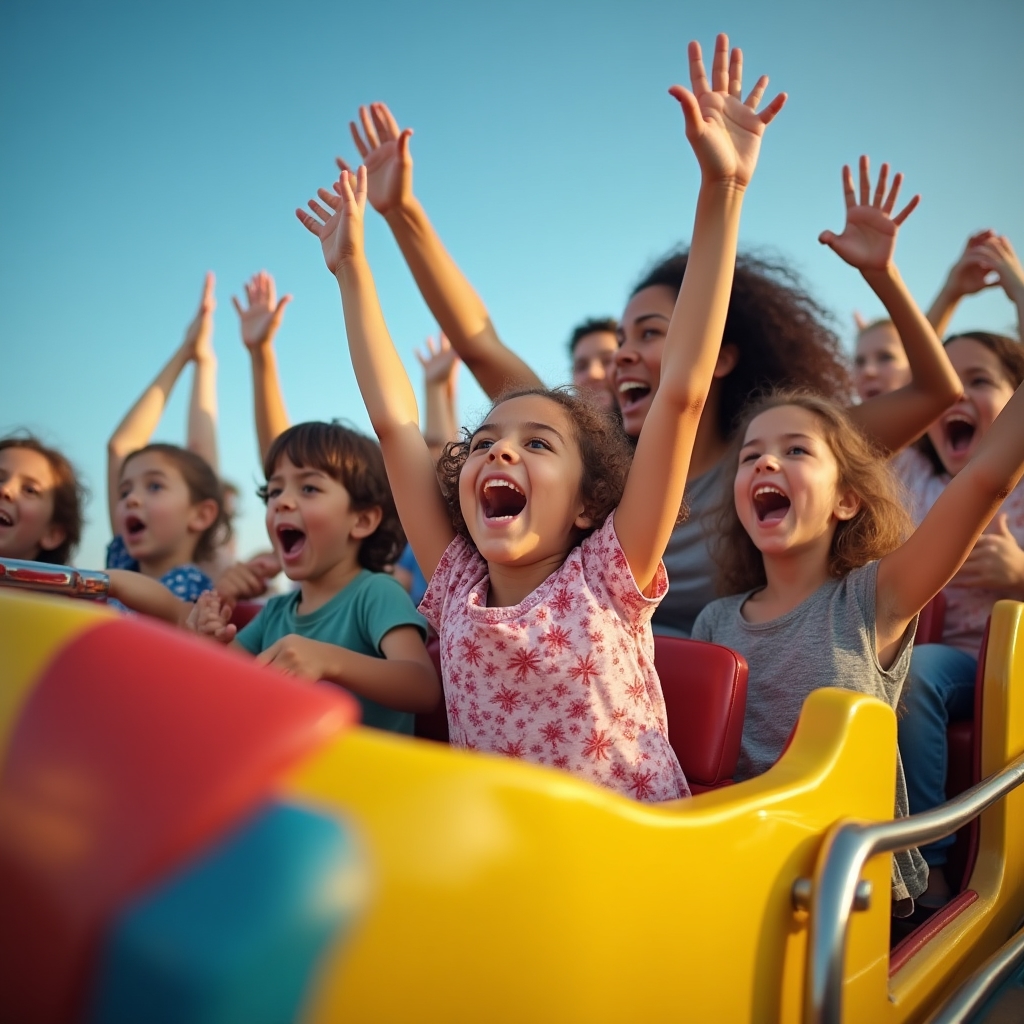 Bambini entusiasti su un'attrazione colorata in un parco tematico italiano