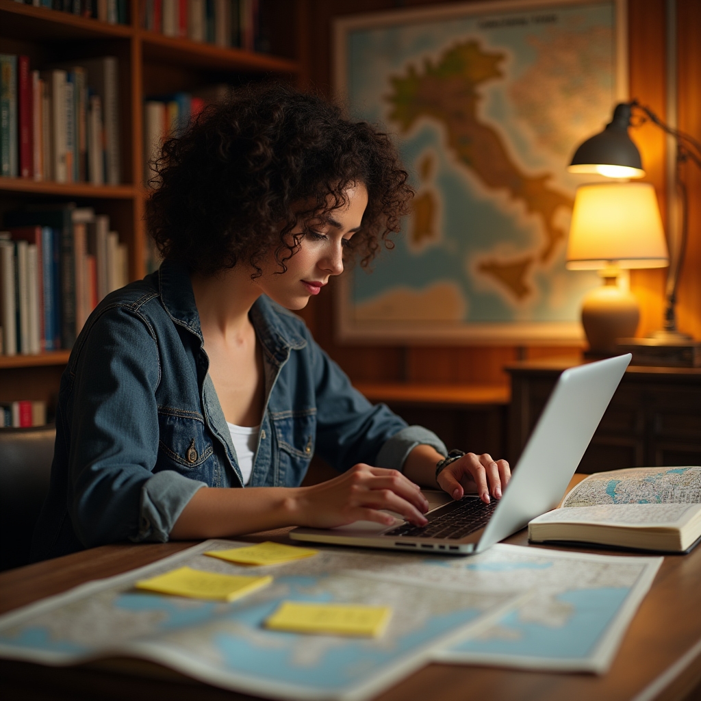 Persona che lavora al computer in un ambiente creativo con mappe e appunti di viaggio intorno