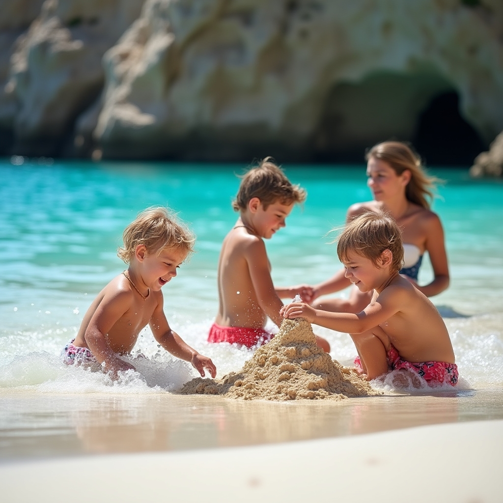 Bambini che giocano sulla sabbia dorata di una spiaggia siciliana con acque cristalline