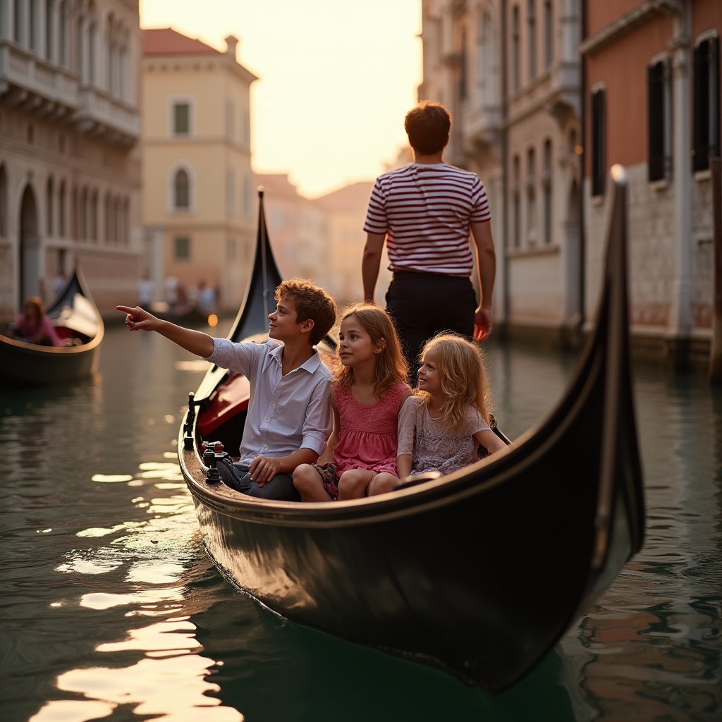 Famiglia su una gondola veneziana con bambini che guardano i palazzi sul Canal Grande
